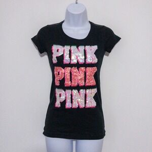 Victorias Secret Pink Sequin Logo T Shirt Y2K Womens Size XS Black Cotton Blend